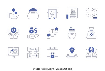 Business icon set. Duotone style line stroke and bold. Vector illustration. Containing hand, purse, cash point, investment, pie chart, responsibility, presentation, gold pot, money bag, bitcoin.