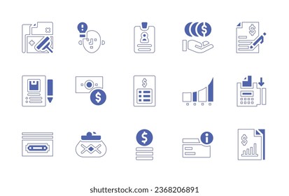 Business icon set. Duotone style line stroke and bold. Vector illustration. Containing files, good idea, id card, contract, deposit, report, credit card, coins, point of service, bill, money, payment.