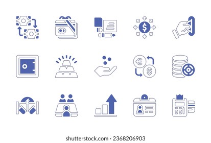 Business icon set. Duotone style line stroke and bold. Vector illustration. Containing exchange, gift card, check, money, payment method, strongbox, ingot, payment, coins, battle, meeting, bars.