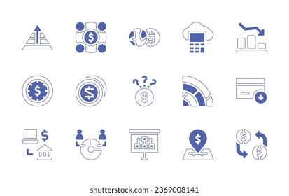 Business icon set. Duotone style line stroke and bold. Vector illustration. Containing bar graph, career, money, cloud, global economy, credit card, time, coins, currency exchange, online payment.