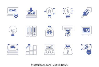 Business icon set. Duotone style line stroke and bold. Vector illustration. Containing secure payment, refund, lightbulb, folder, idea, increase, money bag, atm, safebox, money, bar chart, present.