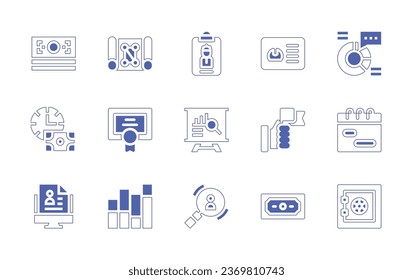 Business icon set. Duotone style line stroke and bold. Vector illustration. Containing cash, flow chart, accreditation, business card, analytics, time is money, certificate, success, timeline, resume.