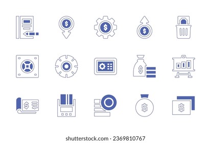 Business icon set. Duotone style line stroke and bold. Vector illustration. Containing agenda, currency, money, wasted money, safebox, wheel, money bag, analytics, cheque, payment method, coins.