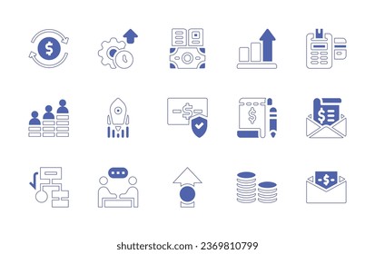 Business icon set. Duotone style line stroke and bold. Vector illustration. Containing education, protection, bar chart, point of service, invoice, tax, hierarchy, productivity, advancement, invest.