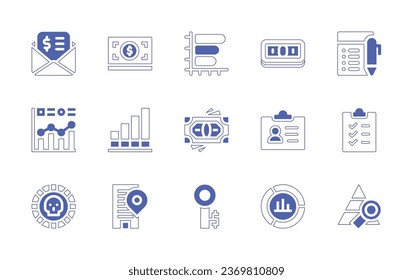 Business icon set. Duotone style line stroke and bold. Vector illustration. Containing receipt, money, horizontal, agreement, statistics, analytics, employee, clipboard, coin, building, key, pie chart
