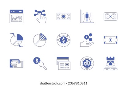 Business icon set. Duotone style line stroke and bold. Vector illustration. Containing income, dollar, management, money, pie chart, dollar symbol, analytics, bar graph, analysis, tower, card.