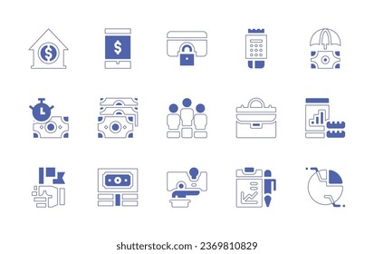 Business icon set. Duotone style line stroke and bold. Vector illustration. Containing home, mobile, credit card, payment terminal, insurance, stopwatch, notes, flag, pedestal, briefcase, smartphone.