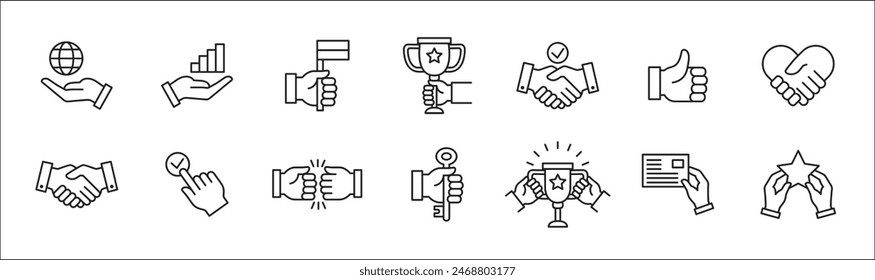 Business icon set. Entrepreneurship icons. Success symbol collection. Included icons of global market, data preserved, achievement, handshake, key of success, goal. Vector isolated on white.