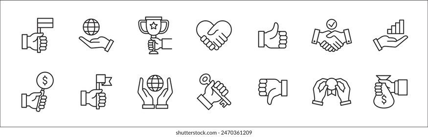 Business icon set. Entrepreneurship icons. Success symbol collection. Included icons of reward, profit, trophy, global market, hand holding key, medal, agreement . Vector isolated on white.