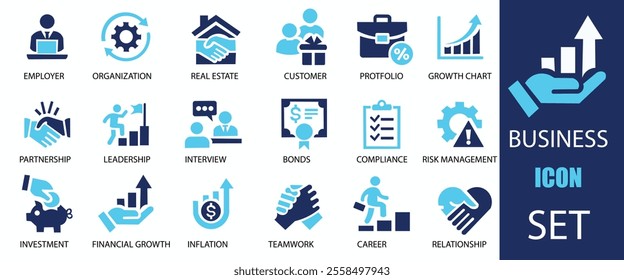 Business icon set. Featuring team, leadership, workshop, employee, career and more. Vector illustration. Easily changes to any color. scalable vector icons.  Cohesive solid vector illustrations