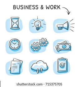 Business icon set with file sharing cloud, clock, hourglass, money, checklist, documents, light bulb and gears. Hand drawn sketch vector illustration, blue marker style coloring on single blue tiles.