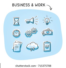 Business icon set with file sharing cloud, clock, hourglass, money, checklist, documents, light bulb and gears. Hand drawn sketch vector illustration, blue marker style coloring on plain background.