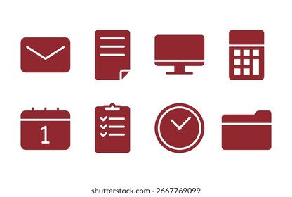 Conjunto de iconos de negocios (rojo relleno): correo electrónico, documento, monitor, calculadora, etc.