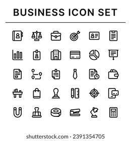 Business icon set, set of finance, address book, balance, id card, magnet, office desk, payment, online payment, table lamp and more. Editable icon set