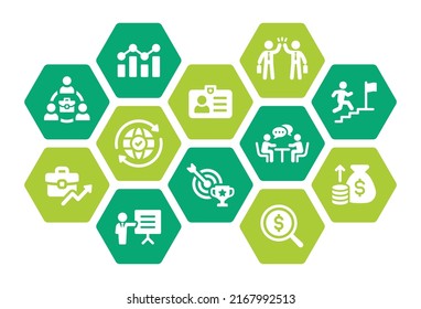 Icono de negocio conjunto diseño plano. Empresarios, discusión, inversión, colega y vector de icono de misión.