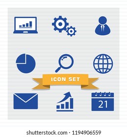 Business icon set flat style in blue color vector illustration, gear,search, globe, envelope, pie cart, calendar.