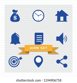 Business icon set flat style in blue color vector illustration, money bag, clock, house, bell, document, speaker, pin map, share.