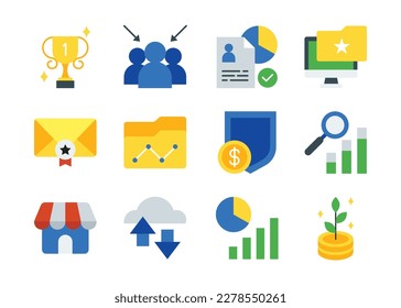 Icono de negocio establecido en estilo plano. Inversión empresarial, gestión, crecimiento, icono de equipo. Idóneo para muchos fines.