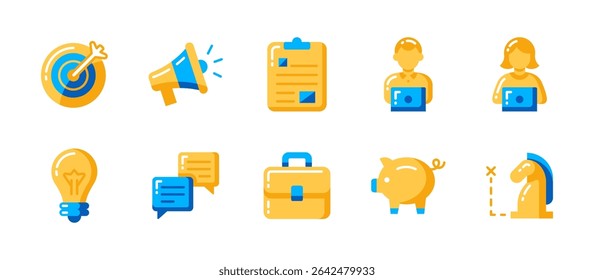 Business icon set in flat style with 10 modern vectors: goal marking, notifications, task planning, working staff, ideas, messaging, portfolio, savings, strategy tools.
