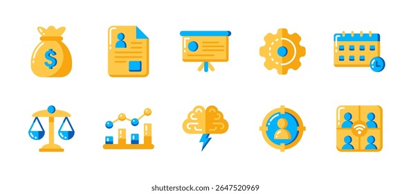 Business icon set in flat style for finance, career development, teamwork, legal protection, innovation, corporate projects, and success planning.