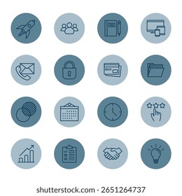 Ícone de negócios definido em estilo plano com planos de fundo redondos azuis. Inclui símbolos para comunicação, planejamento, segurança, crescimento e trabalho em equipe. Ideal para web, aplicativos, infográficos e apresentações. Vetor