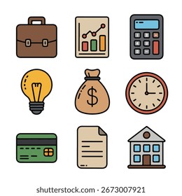 Geschäftssymbol-Set - Flacher Vektorstil mit Office- und Finanzelementen, 9 saubere Minimallinien-Symbole