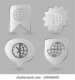 Business icon set. Gllobe and array up, shift, and clock. Glass buttons. Vector illustration.