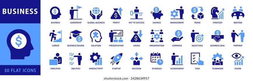 Conjunto de iconos de negocio. Negocios Globales, liderazgo, equipo, reunión, socio, startup, comercio, empresa, gestión, ganancias e iconos de estrategia. Colección de vectores de color azul dual