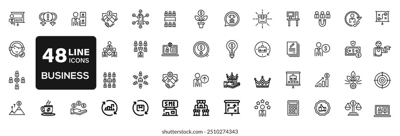 Business icon set. Global Business, leadership, team, meeting, partner, startup, trade, company, management, profit and strategy icons.