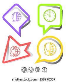 Business icon set. Globe and array down, and magnifying glass, and phone, clock. Paper stickers. Vector illustration.