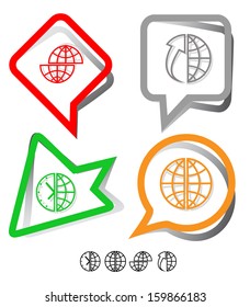 Business icon set. Globe and array up, shift, and clock. Paper stickers. Vector illustration.