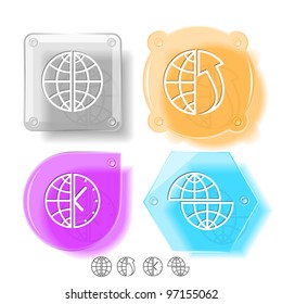 Business icon set. globe and array up, shift, and clock. Glass buttons. Vector illustration. 