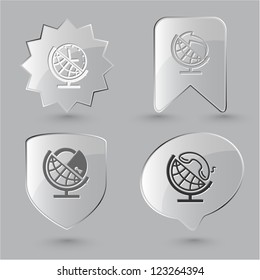 Business icon set. Globe and arrow, and clock, and lock, and handset.  Glass buttons.