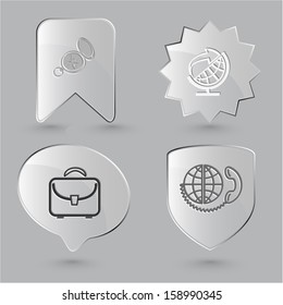 Business icon set. Globe and arrow, compass, briefcase, global communication.  Glass buttons.