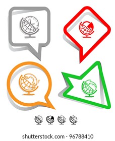 Business icon set. Globe and arrow, and clock, and lock, and handset.  Paper stickers. Vector illustration.