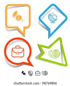 Business icon set. Globe and arrow, compass, briefcase, global communication.  Paper stickers. Vector illustration.