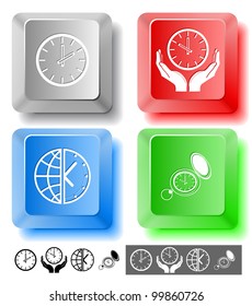 Business icon set. Globe and clock, in hands, watch. Computer keys. Vector illustration.