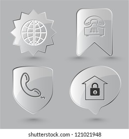 Business icon set. Globe, handset, push-button telephone, bank.  Glass buttons.