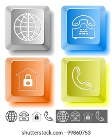 Business icon set. Globe, handset, push-button telephone, bank.  Computer keys. Vector illustration.