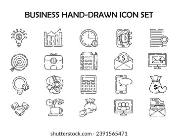 Business icon set hand-drawn vector outline sketch illustration