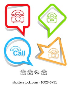 Conjunto de iconos de negocio. Línea directa, teléfono antiguo, teléfono con pulsador. Etiquetas de papel. Ilustración vectorial.