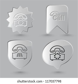 Business icon set. Hotline, old phone, push-button telephone. Glass buttons.