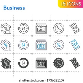 business icon set. included 24-hours, mortgage, shop, discount, trolley icons on white background. linear, bicolor, filled styles.