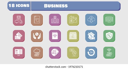 business icon set. included audiobook, shop, test, book, discount, learning, cloud library, shopping bag, sale, 24-hours icons on white background. linear, filled styles.