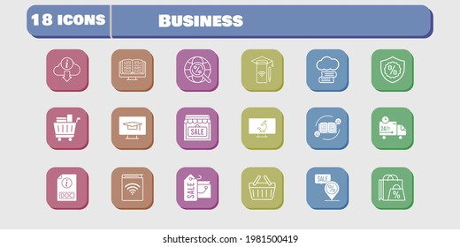 business icon set. included audiobook, smartphone, shop, delivery truck, student-desktop, shopping basket, microscope, feedback icons on white background. linear, filled styles.