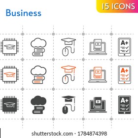conjunto de iconos de negocio. incluye biblioteca en la nube, chip, lector electrónico, aprendizaje, iconos de e-learning en fondo blanco. estilos lineales, bicolores, rellenos.
