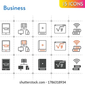 business icon set. included ebook, school, maths, book icons on white background. linear, bicolor, filled styles.