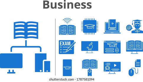 business icon set. included exam, chip, ebook, instructor, school, learn, student, book, login, click, microscope icons. filled styles.