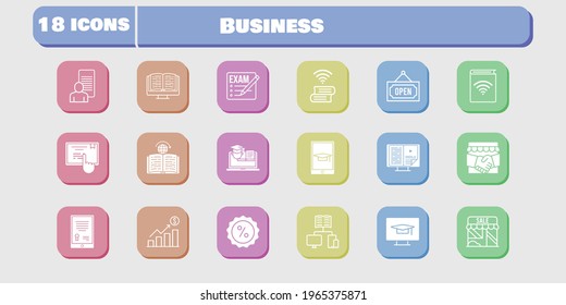 business icon set. included handshake, profits, study, audiobook, shop, discount, touchscreen, learning, training, book (2) icons on white background. linear, filled styles.