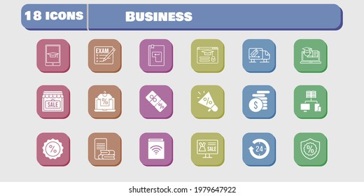 business icon set. included megaphone, audiobook, shop, discount, training, delivery truck, login, exam, online shop, 24-hours icons on white background. linear, filled styles.